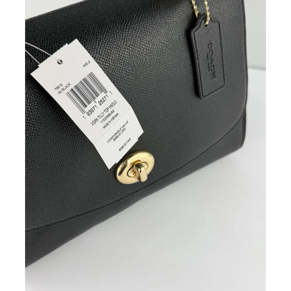 COACH Tilly Crossbody Top Handle Twist Lock Black Gold Leather Bag F76618 - $398